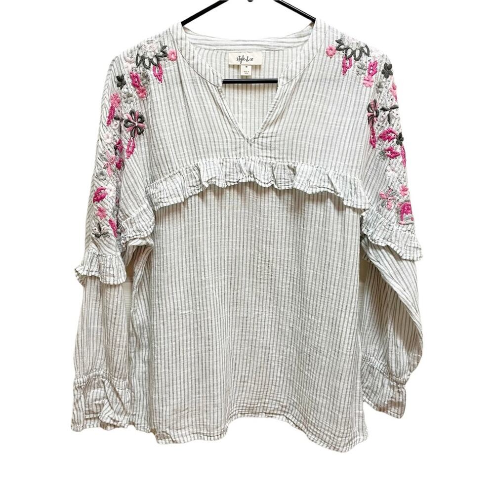 Style & Co Bohemian Gray & White Striped Bell Sleeve Ruffled Accent Blouse